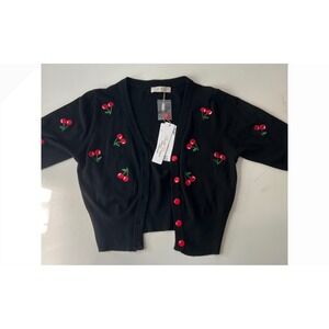 Belle Poque Womens Cherry Embroidered Cropped Cardigan Black Red Small